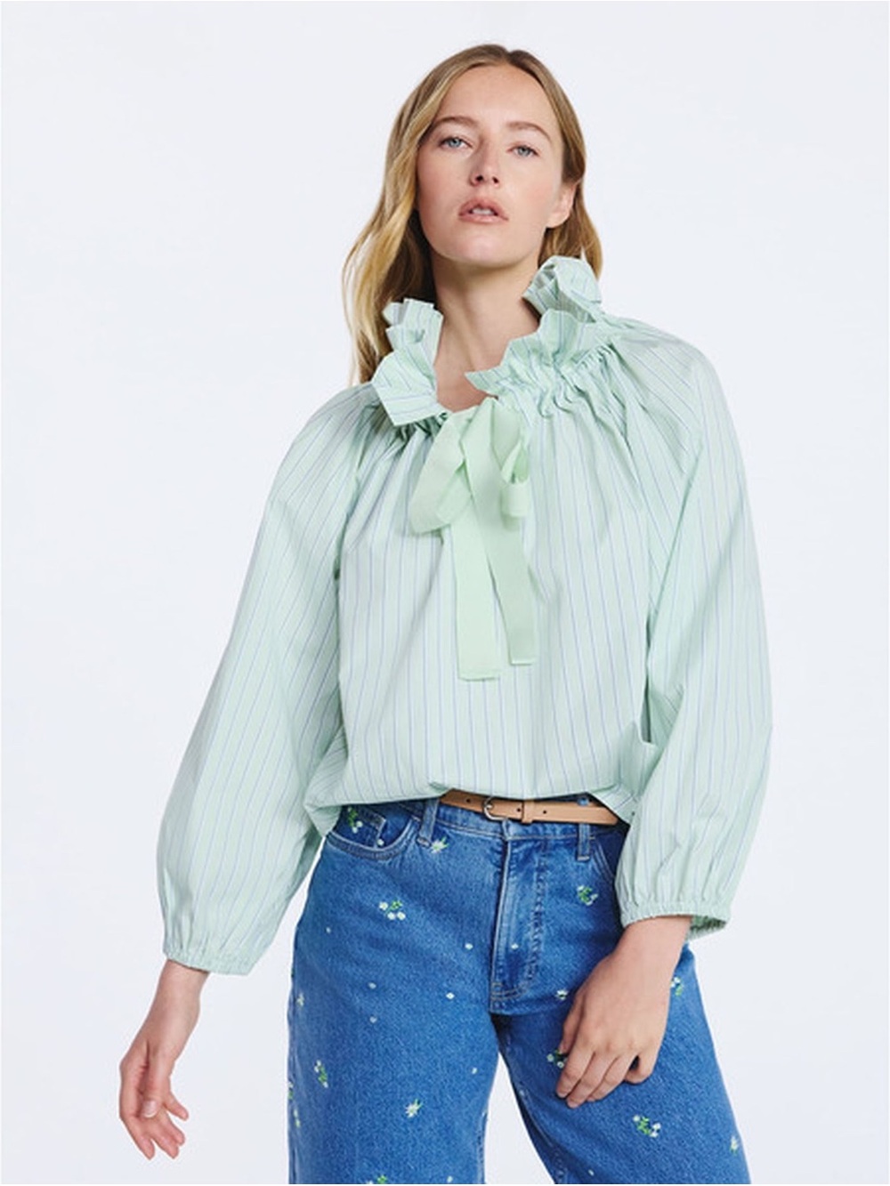 Ruffled Tie-Neck Light Green Pinstripe Blouse